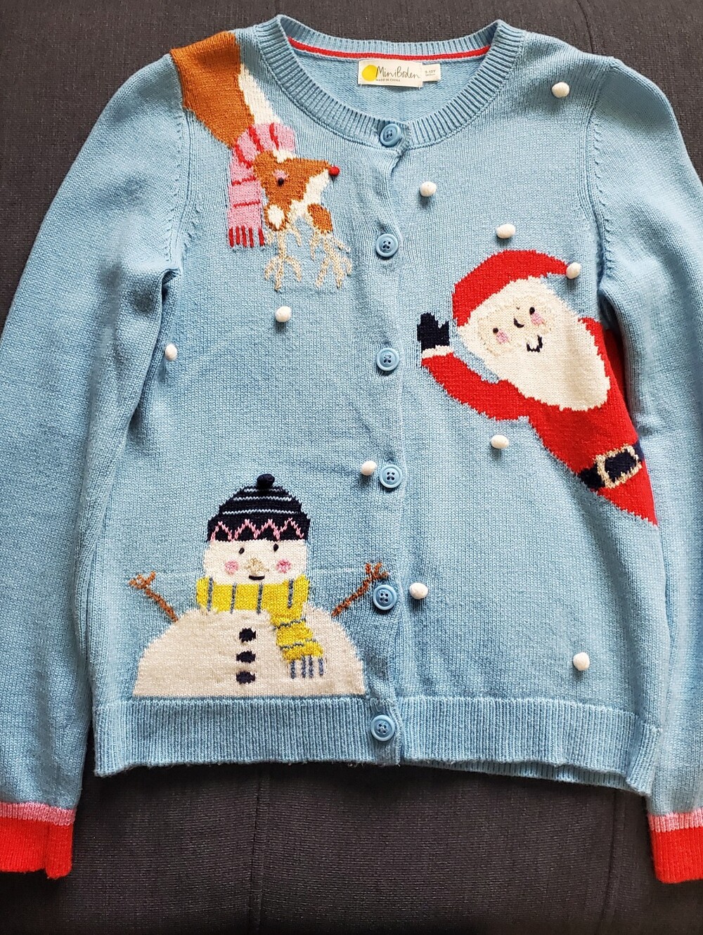 Mini Boden Holiday Cardigan Sweater with Festive Santa & Snowman 9-10y